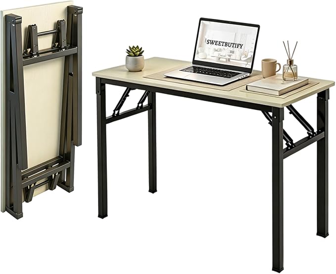 Folding Desk, 39 Inch Foldable Computer Table No Assembly Required,Warm White Small Desk for Home Office,Space-Saving Table for Bedroom, Dorm, RV