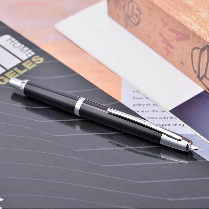Jinhao 20 Press Fountain Pen, Piano Black Retractable Extra Fine Nib with Ink Converter Set (Silver Clip)