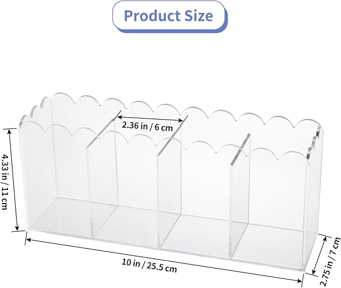 MOLIGOU Acrylic Pencil Holder, 4 Compartments Clear Pen Organizer, Desktop Pencil Holder with Scalloped Edges