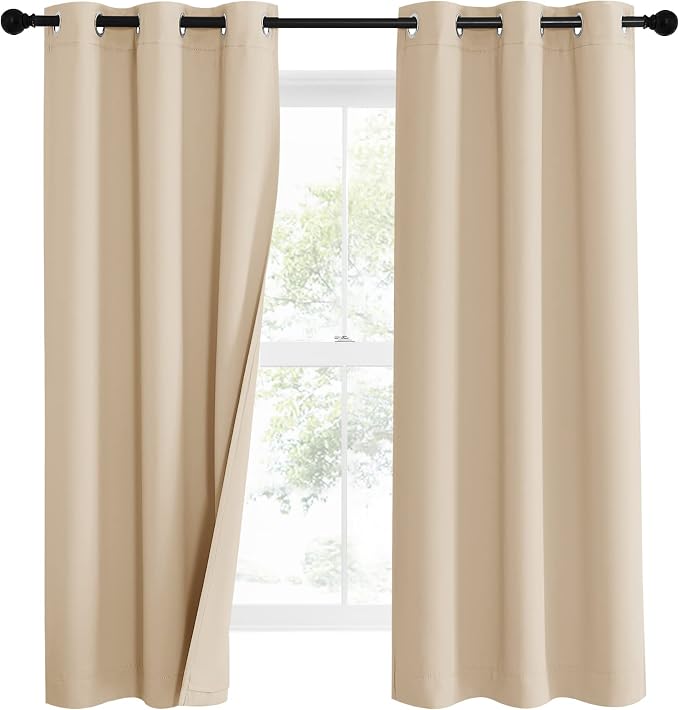 NICETOWN Bedroom Full Blackout Curtain Panels, Super Thick Insulated Window Covers, Complete Blackout Draperies with Noise Absorb Liner for Short Window(Biscotti Beige, Set of 2, 42 by 63-inch)