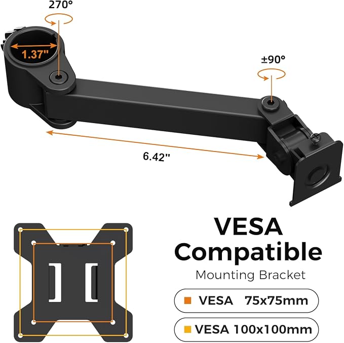 suptek Single Monitor Arm, Universal 1 Tier Arm Fully Adjustable Pole Mount Bracket Monitor Mounting for 13 to 32 inch Screen, Weight up to 22lbs, Mounting Holes 75x75mm to 100x100mm,Black