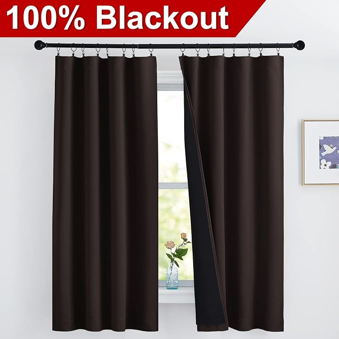 NICETOWN Complete 100% Blackout Curtains, Thermal Insulated & Energy Efficiency Window Draperies with Black Liner, Noise Reducing Drapes for Kids (Brown, 42 inches W by 63 inches L, Double Panels)