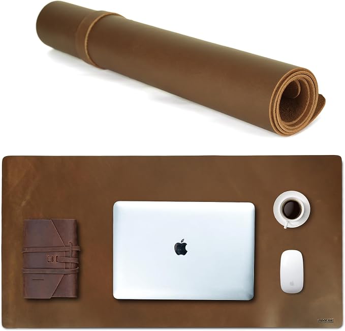 Polare 2mm Thick Full Grain Leather Desk Pad Protector 31.5 x 15.7 inch Desktop Blotter Mats for Keyboard and Mouse Non-Slip Desk Writing Pad for Office and Home (Brown)