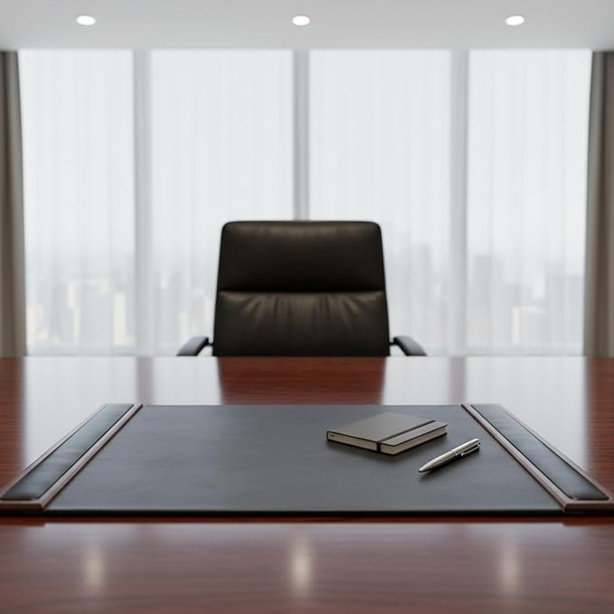 DACASSO Wood & Leather Desk Pad - Luxury Leather Desk Blotter for Writing - Padded Executive Desk Surface Protector - (Walnut & Black, 25.5” x 17.25”)