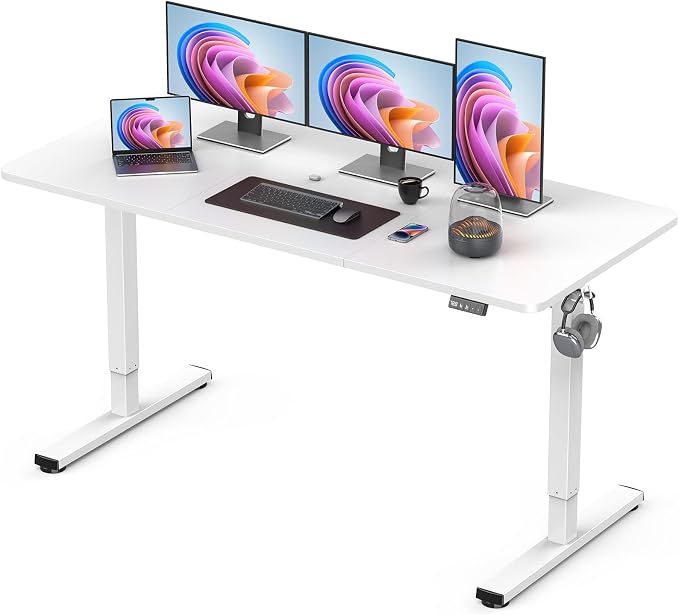 55" Electric Standing Desk Adjustable Height, Sit Stand up Desk for Home Office & Computer Workstation, 2 Memory Height Settings, Splice Board, 2 Hooks, White Frame/White Top