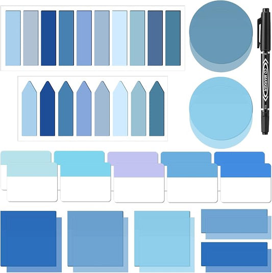 Glenmal Transparent Sticky Note Set 910 Sheets Translucent Clear Self-Adhesive Sticky Notes Bulk Gradient Color Waterproof for Bible Tabs Book Tabs Office Study Supplies Book Annotation (Blue)