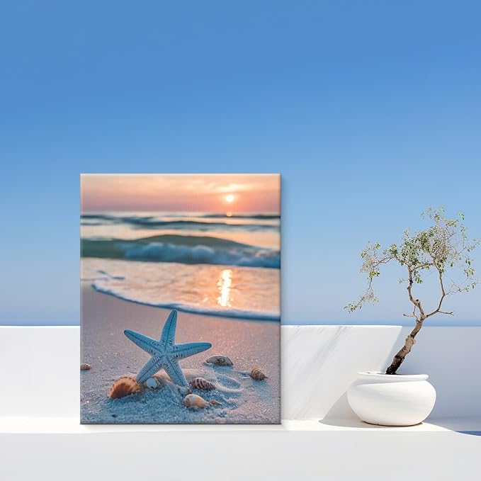 Coastal Wall Art Decor Canvas, Sunset Starfish Beach Print, Blue Beach Bathroom Wall Art for Home Bedroom Living Room Wood Framed 8x10 Inch