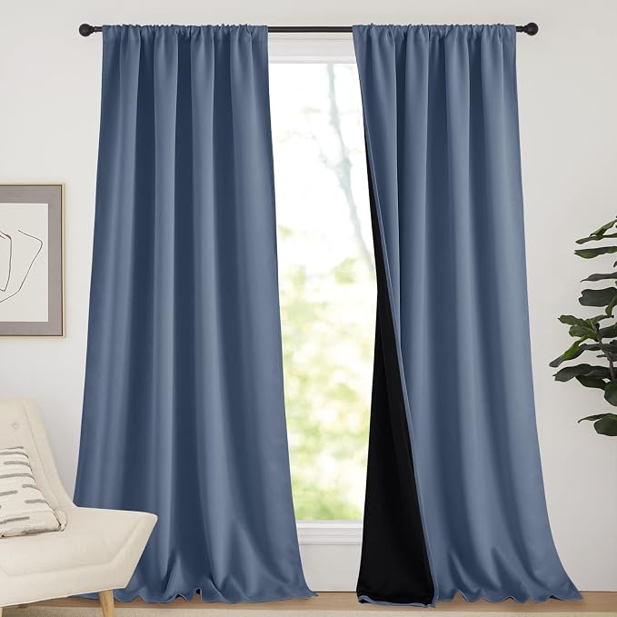 NICETOWN Insulated 100% Blackout Curtains, Elegant Decor Noise Reducing Performance Drapes, Full Light Blocking Draperies for Overnight Shift Worker (Stone Blue, 1 Pair, 52 inches x 95 inches)