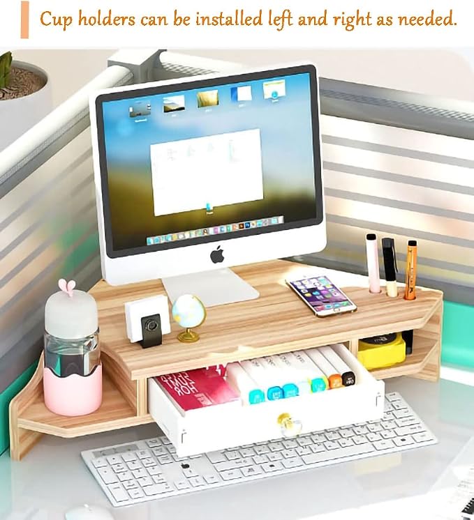 Triangle Monitor Stand Riser,Cut Triangle Save Space Desktop Corner,Desktop corner shelf with drawers wooden computer stand with storage laptop risers office organization. (Have drawers)