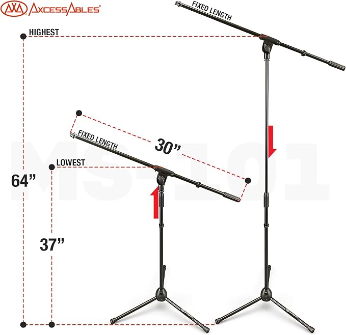 AxcessAbles MS-101 Microphone Stand with Boom Arm, Height Adjustable 37"-64" With 30" Boom arm, Folding Tripod Base, Portable Floor Mic Stand for Singing, Podcasting, Recording, Studio & Stage