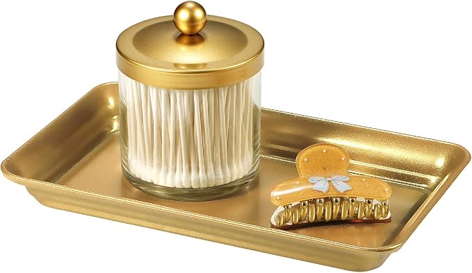 SheeChung Metal Vanity Tray, Bathroom Counter Storage Tray, Gold 4 Pack | Sturdy Decorative Tray Holder, Farmhouse Vintage Decor Accessories for Perfume, Cosmetics, Jewelry, Makeup, Guest Hand Towel