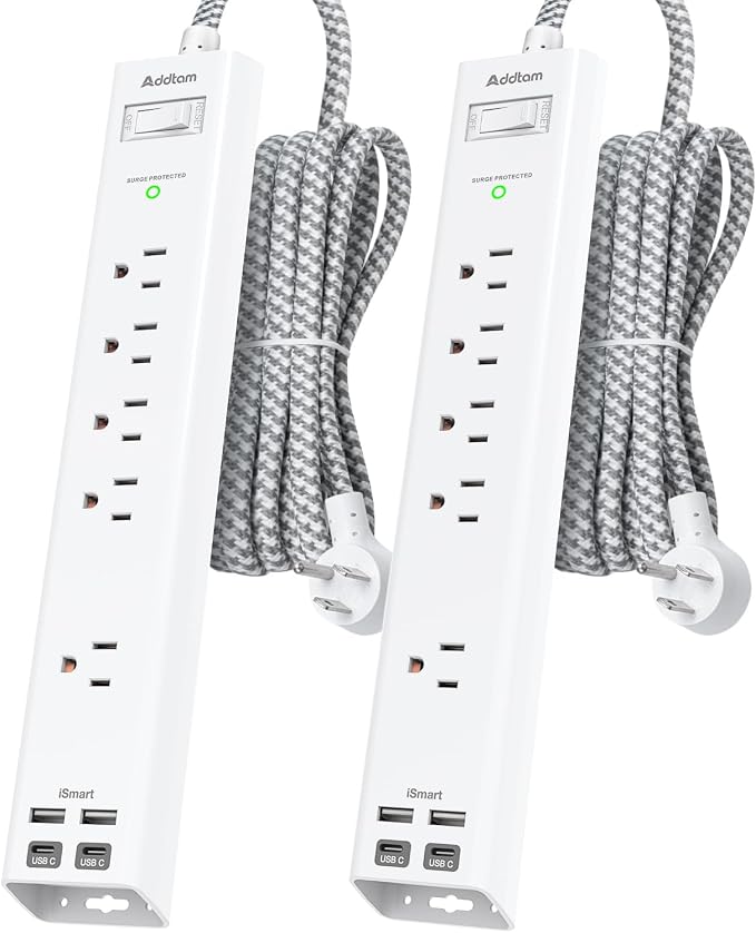 Addtam 2 Pack Surge Protector Power Strip -15ft Long Extension Cord, 5 Widely Spaced Outlets 4 USB(2 USB-C) Charging Ports, 1875W/15A, Flat Plug, Wall Mount for Home Office Dorm Room Essentials