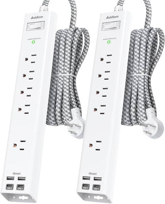 Addtam 2 Pack Surge Protector Power Strip -15ft Long Extension Cord, 5 Widely Spaced Outlets 4 USB(2 USB-C) Charging Ports, 1875W/15A, Flat Plug, Wall Mount for Home Office Dorm Room Essentials