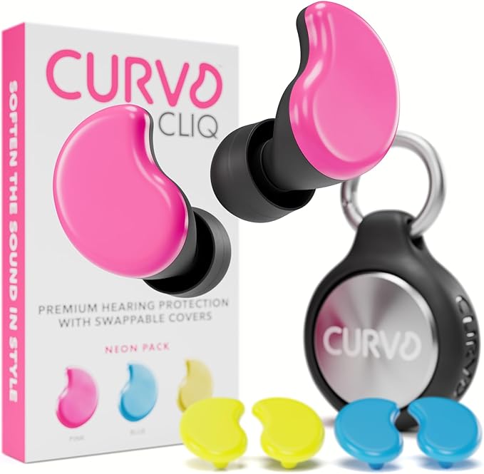 CURVD Cliq Noise Cancelling Ear Plugs – Reusable Concert Earplugs for Noise Reduction with Swappable Covers, 5 Tip Sizes & Travel Case. Stylish, Comfy, and Customizable Protection