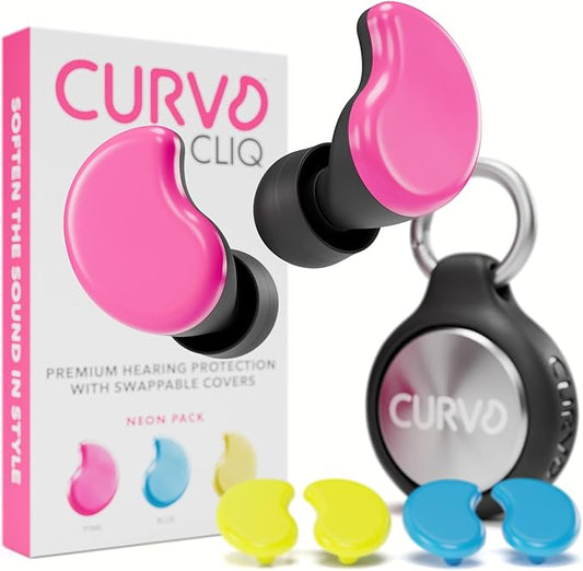 CURVD Cliq Noise Cancelling Ear Plugs – Reusable Concert Earplugs for Noise Reduction with Swappable Covers, 5 Tip Sizes & Travel Case. Stylish, Comfy, and Customizable Protection