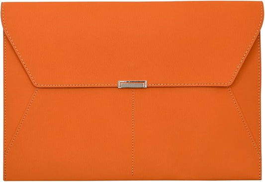 VANRA File Folder Document Holder Organizer Waterproof Portfolio Leather Folder Case with 3 Pockets, Filing Envelopes for A4 Letter Size Paper with Snap Magnetic Button Closure (Orange)