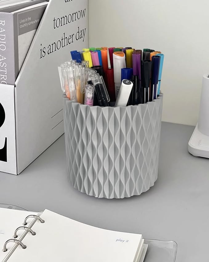 Lebenrich Rotating Pen Pencil Holder for Desk, 5 Slots Unique Grey Desk Pen Organizer Easthetic Desktop Supplies and Accessories for Women Girls, Pen Cup Pencil Caddy for Office Home Art Supply