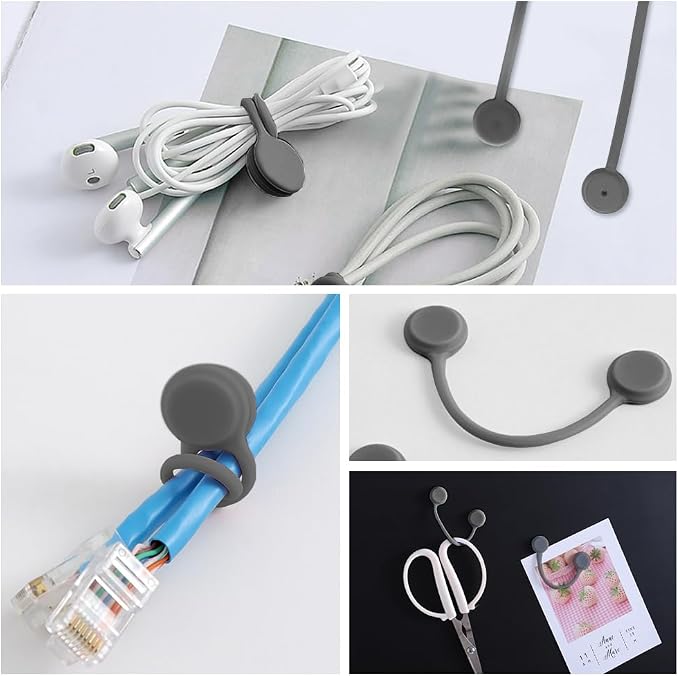 Kanemc Magnetic Ties for Cords,Silicone Magnetic Cable Ties(10-Pack,Gray) | Reusable Magnetic Cable Organizer,Silicone Magnetic Cord Ties with Strong Magnet for Cable Bundling ,Bookmarks,Fridge Magnets