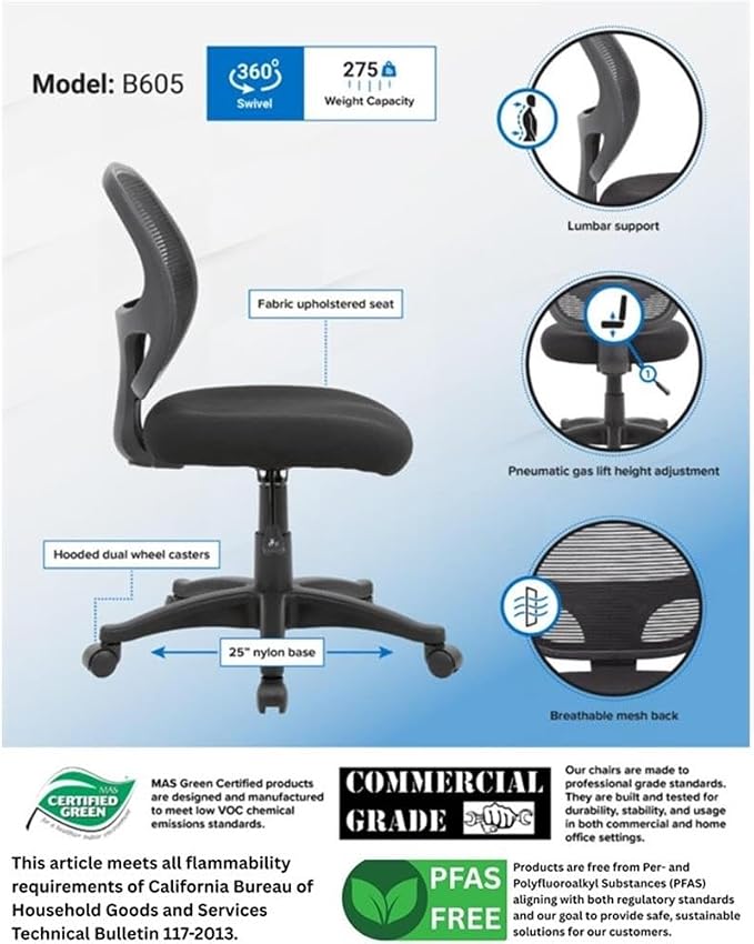Scranton & Co Commercial Grade Mesh Task Chair, Black Linear Mesh Back, Lumbar Support, Adjustable Seat Height, 19" W x 25.5" D x 35-40" H, Heavy-Duty Home Office Chair with Nylon Base