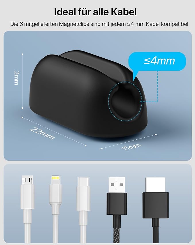 Cable Management, Magnetic Cord Organizer, Desk Cord Holder Wire Keeper with 6 Magnetic Cable Clips, Charger Cord Management for Home Office, Lightning/USB C/Micro Cable, Dark Gray