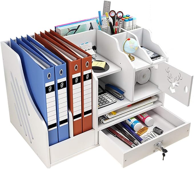 White Desktop Organizer, Multipurpose Desk Document File Tray Organizer Storage Display Shelf Rack for Home Office School(PB02)