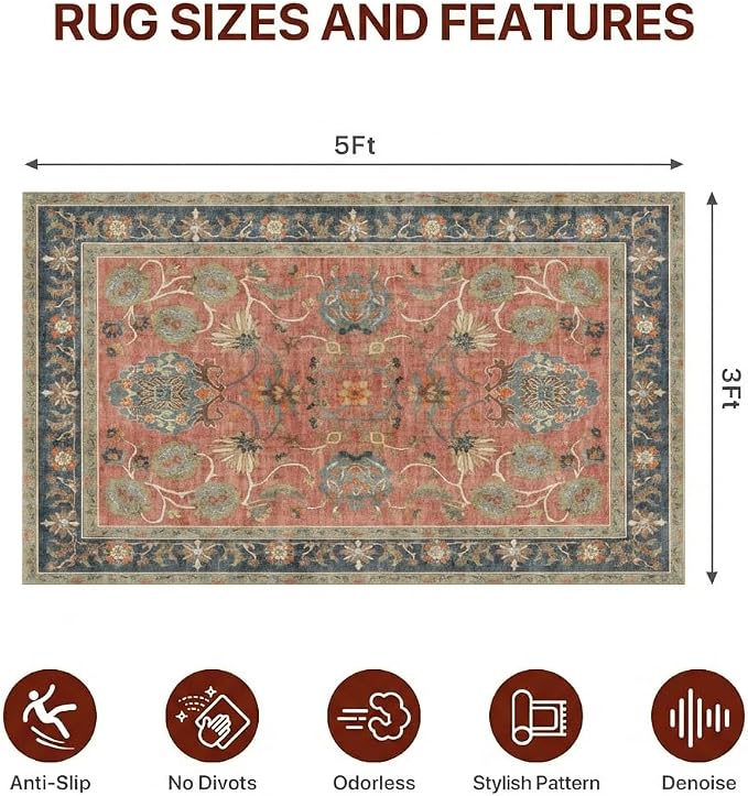 36"x60" Office Chair Mat for Hardwood Tile Floor, Under Desk Carpet Protector for Rolling Computer Chair Mat, Machine Washable Area Rug, Anti-Slip 1/5" Thick Low Pile Thin Vinyl Floor Mat, Antique Red