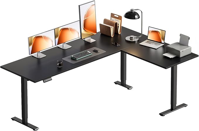 OffiGo 71 Inch Reversible L Shaped Electric Standing Desk, Height Adjustable Corner Stand up Desk, Ergonomic Large Lift Computer Table for Home, Office, Workstation, Black