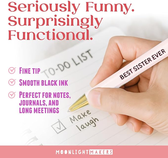 Moonlight Makers - Set of 5 Ballpoint Pens Black Ink- Engraved Funny Pens for Adults - Best Sister Ever Appreciation Adult Gifts - Ideal Desk Decor for Work & Office Desk - Cute Packaging, Handy Clips