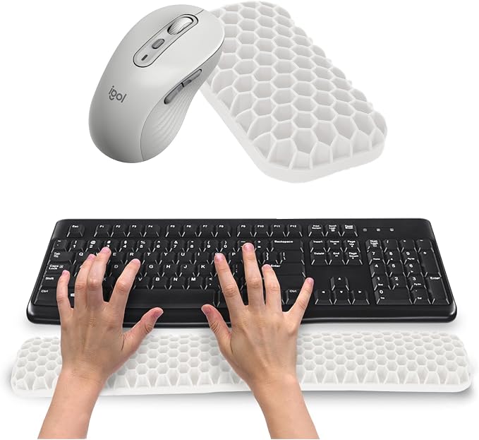 Ergonomic Keyboard and Mouse Wrist Rest Set, Silicone Honeycomb Design, 17.7 x 2.8 x 1 Inches, Non-Deformable Support for Office Gaming Typing (White)