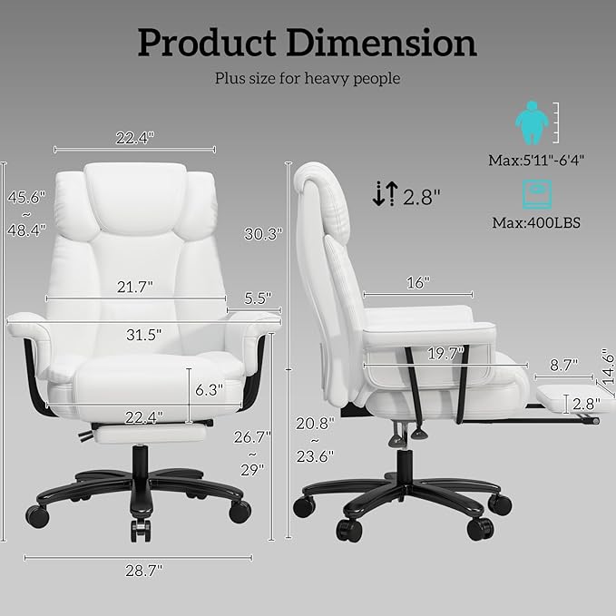 GYI 160 Reclining Office Chair with Footrest, Big & Tall Desk Chair, White | Cross Legged Seat, High Back, Faux Leather, Heavy Duty Base, Adjustable Height, for Home, Executive