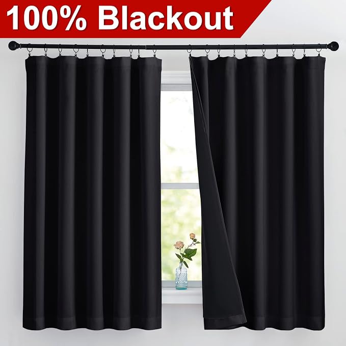 NICETOWN Complete 100% Blackout Curtains, Thermal Insulated & Energy Efficiency Window Draperies with Black Liner, Noise Reducing Drapes for Kids (Black, 62 inches W by 63 inches L, Double Panels)