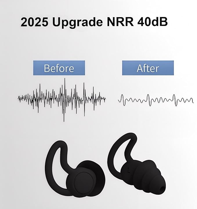 Noise Reduction Ear Plugs, NRR 40dB Ultra Comfortable Silicone Reusable Ear Plugs for Sleeping, Snoring Swimming, Studying, Concerts, Noise Cancelling and Hearing Protection Black