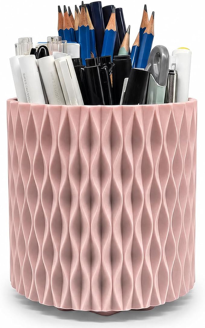 Lebenrich Rotating Pencil Holder for Desk, 5 Slots Unique Pink Organizer Easthetic Desktop Supplies and Accessories for Women Girls, Pen Cup Caddy for Office Home Art Supply
