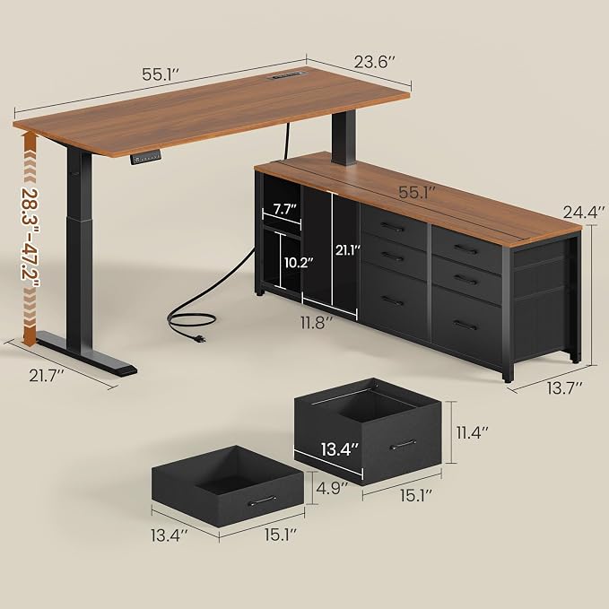 SEDETA L Shaped Electric Standing Desk, 55" x 55" Height Adjustable Corner Office Desk with 6 Fabric Drawers and Storage Shelves, Stand up Home Office Desk with Power Outlet, Black and Brown