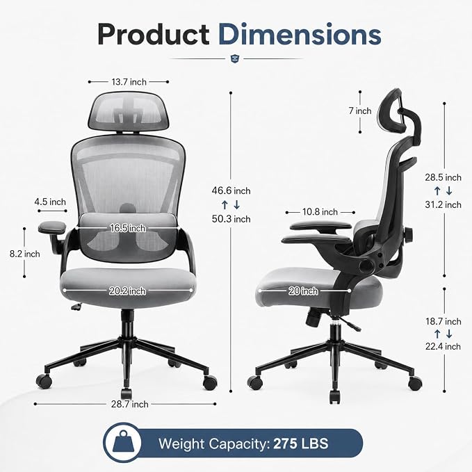 Ergonomic Office Chair, Home Office Desk Chairs with Adjustable Lumbar Support and Headrest, High Back Mesh Computer Desk Chair with 3D Flip-up Armrests & 360° Swivel Wheels, 275 LBS