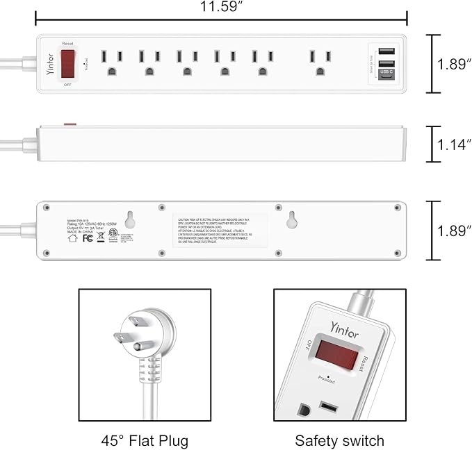 6 Ft Power Strip Surge Protector - Yintar Extension Cord with 6 AC Outlets and 3 USB Ports for Home, Office, Dorm Essentials, 1680 Joules, ETL Listed, White