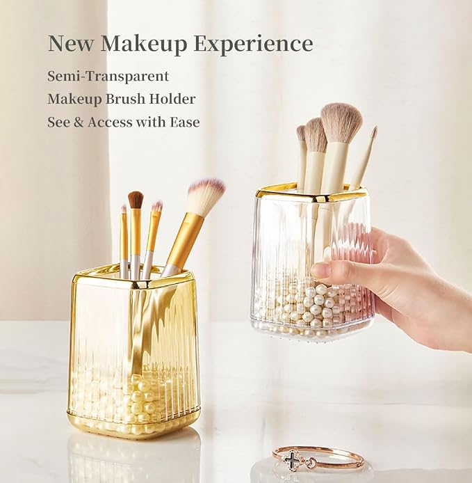 Acrylic Pen Holder, Cute Clear Gold Desk Organizer for Pencils, Makeup Brushes Toothbrushes with Striped Design for Vanity Bathroom Storage Cup