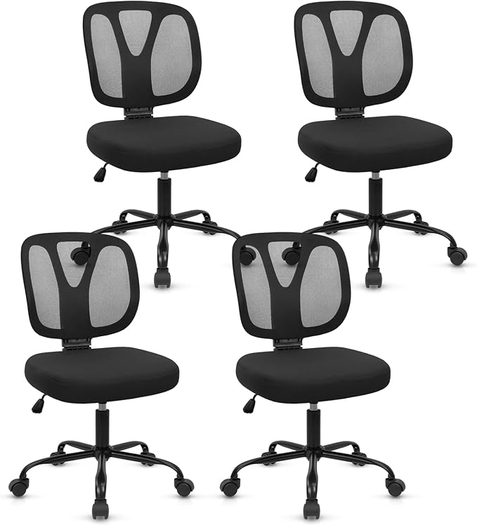 CLATINA Armless Home Office Chair, Adjustable Height Backrest Ergonomic Mesh Desk Chair with Wheels, 360° Swivel Small Computer Task Chair for Home Office, Study, Meeting Room, Black(4 Pack)