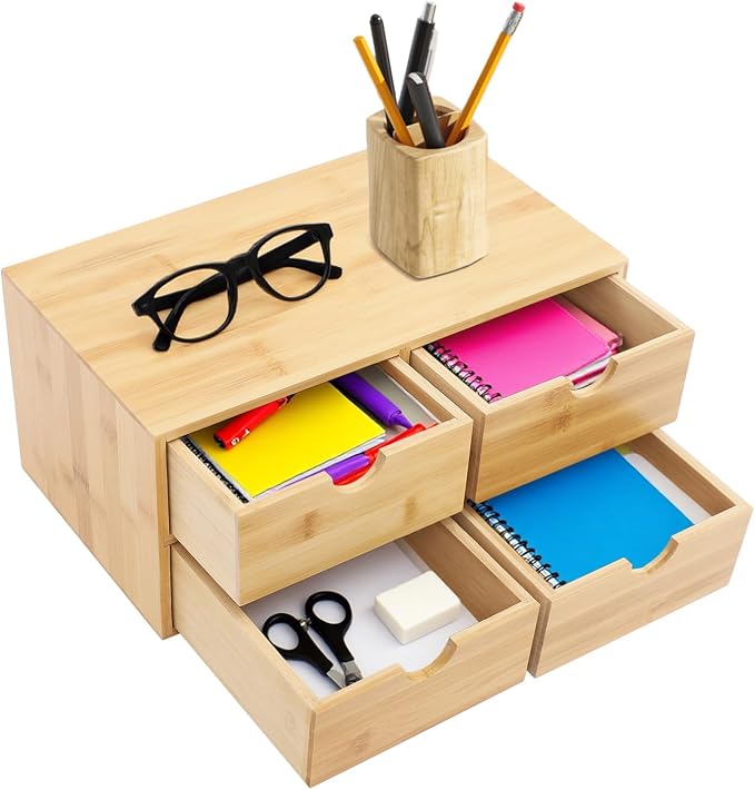 Bamboo Desk Organizer, 4-Drawer Wooden Desk Organizer with Full Pull-out Drawers, No Assembly Bamboo Storage Drawer for Office Supplies Cosmetics