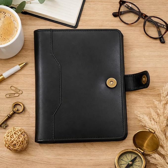 Leather Junior Padfolio 5x8, Small Bifold Business Portfolio Folder for Men & Women, Compact Legal Pad Holder with Pen Loop, Card Holder with Document Pocket, Interview Organizer (Black)