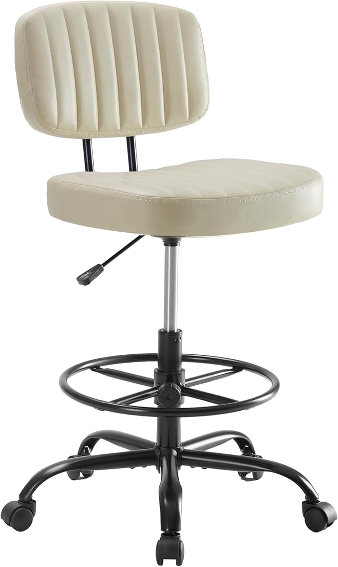 DUMOS Armless Drafting Chair, Low Back Office Seat with Adjustable Footrest Ring for Standing Desk, Ergonomic PU Leather Office Seating, Swivel Rolling High Stool for Studio, Lab, Counter, Beige