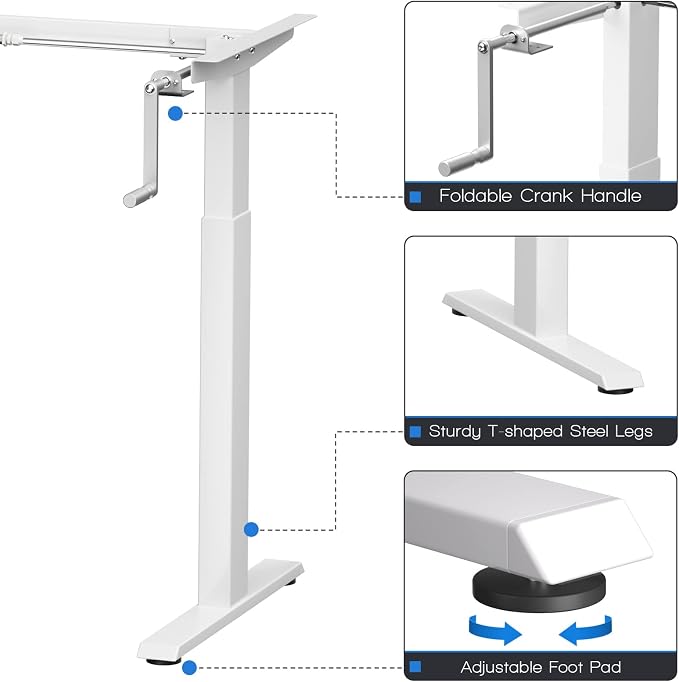 COSTWAY Crank Standing Desk Frame, Manual Hand Crank Workstation Base, Ergonomic Sit to Stand Base w/Foldable Crank Handle, Hook, Cable Management Rack (White)