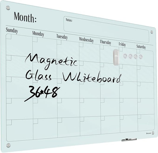 Magnetic Glass Monthly Calendar Whiteboard - 48"x36" Frameless Glass Dry Erase Board for Walls - White
