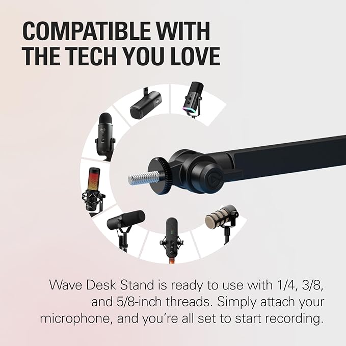 Elgato Wave Desk Stand - Adjustable Mounting Arm for Microphones, Works with Elgato, HyperX, Rode, Fifine, Shure and More Mics, Compatible 1/4, 3/8 & 5/8 Thread, For Recording/Podcasting/Streaming