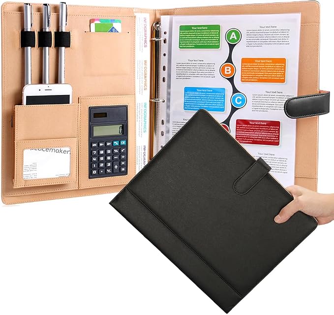 Black Leather Padfolio with 3 Ring Portfolio A4 Binder with Clipboard Padfolio for Women Men Professional Business Binders Organizer with Calculator Planner Portfolio Executive Notebook Closure Folder