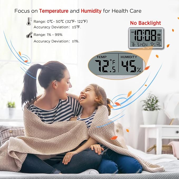 WallarGe Auto Set Digital Wall Clock Battery Operated, Auto DST | Desk Clock with Temperature, Humidity and Date, Large Display Digital Calendar Alarm Clock for Bedroom, Office, Classroom