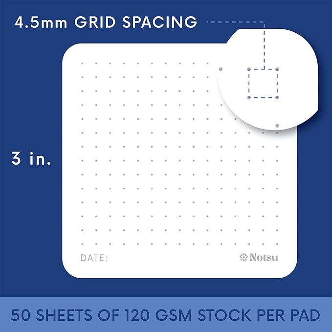 Notsu Dot Grid Sticky Notes 4pk | Premium Thick Paper 120gsm | Dotted Memo Pads with Date, 3" x 3"