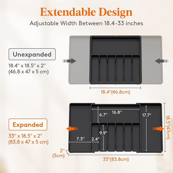 Lifewit Silverware Drawer Organizer, Expandable Utensil Tray for Kitchen, BPA Free Flatware and Cutlery Holder, Adjustable Plastic Storage for Spoons Forks Knives, 18- 33 x 18.5", Black