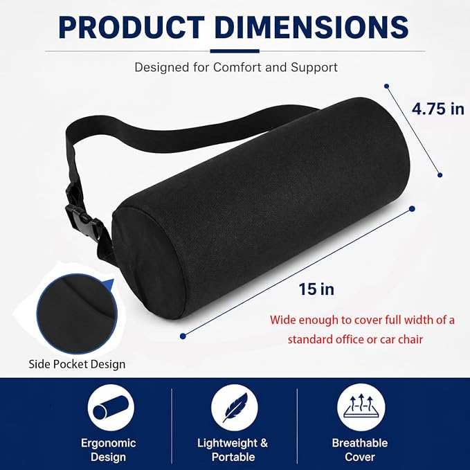 Lumbar Roll Support Pillow for Office Chair & Car 15 Inch | Lumbar Roll with Adjustable Strap, Back Support Pillow for Office Chair, Car for Relieving Back Pain & Posture Correction