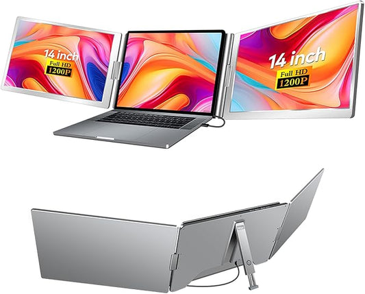 WGK Triple Portable Monitor, FHD 1200P IPS Laptop Monitor Extender Full Function Type-C/HDMI Ports, Foldable Dual Screen Extender for 13.3’’-17.3" Compatible with Windows, Mac
